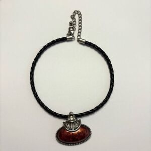 Chicos Women Black Braided Rope Rhinestone Orange Pendant Statement Necklace